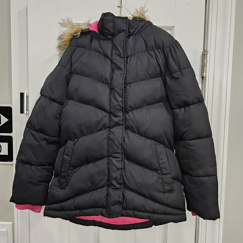 ❄️ Arizona Jean Co Girls Black Puffer Jacket Hot Pink Lined Faux Fur Hood 10/12